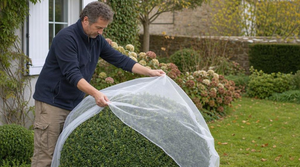 Pose d'un voile anti-insectes sur une haie de buis