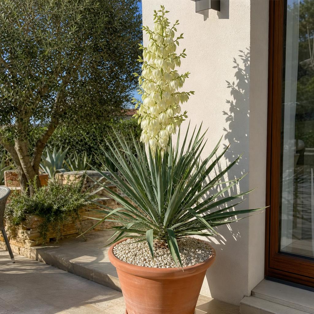 Yucca filamentosa fleuri dans un grand pot en terre cuite