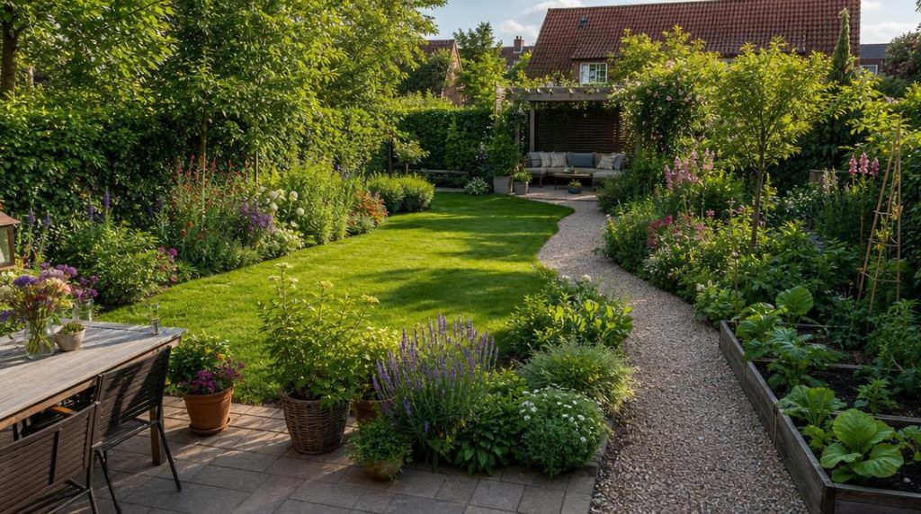 Terrasse, potager et allée dans un jardin structuré