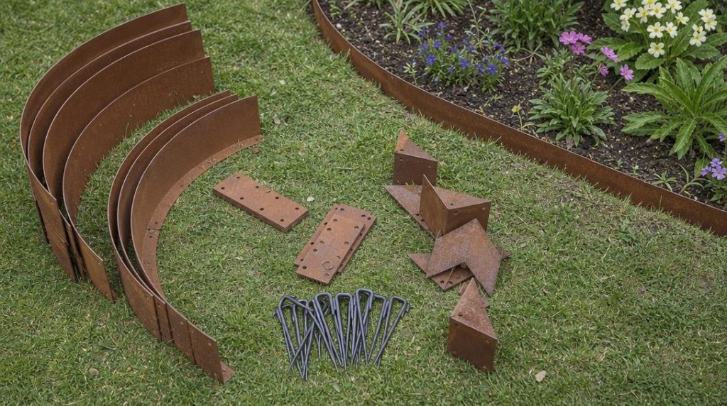 Profils acier, raccords et piquets posés sur pelouse