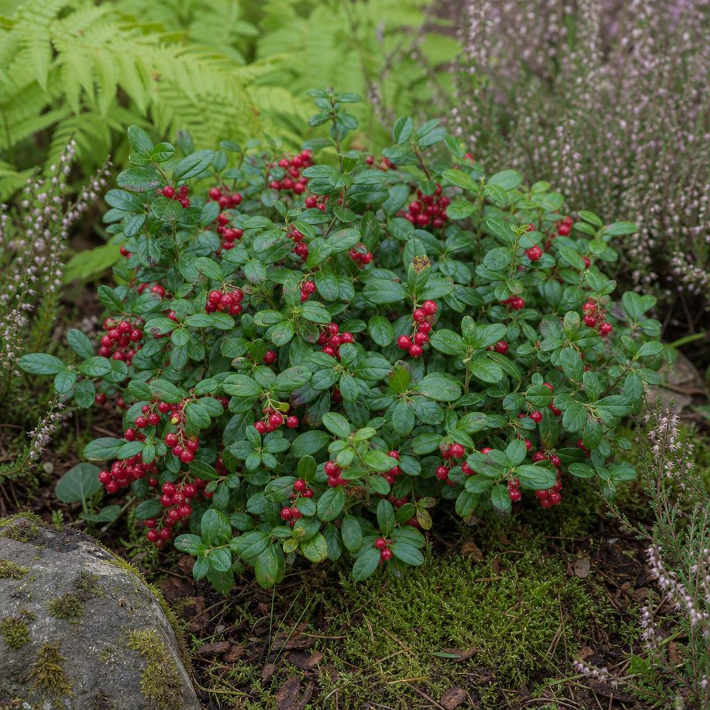 Airelle rouge aux petites baies brillantes dans un massif