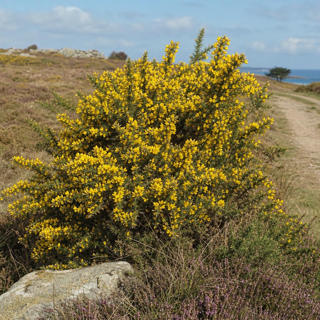 Ajonc jaune fleuri parmi la bruyère d’une lande