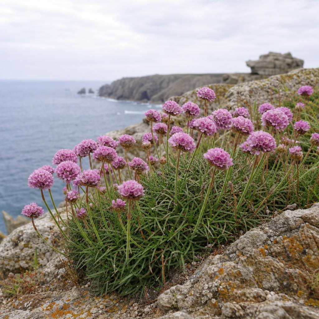 Pompons roses d’armérie maritime sur rochers côtiers