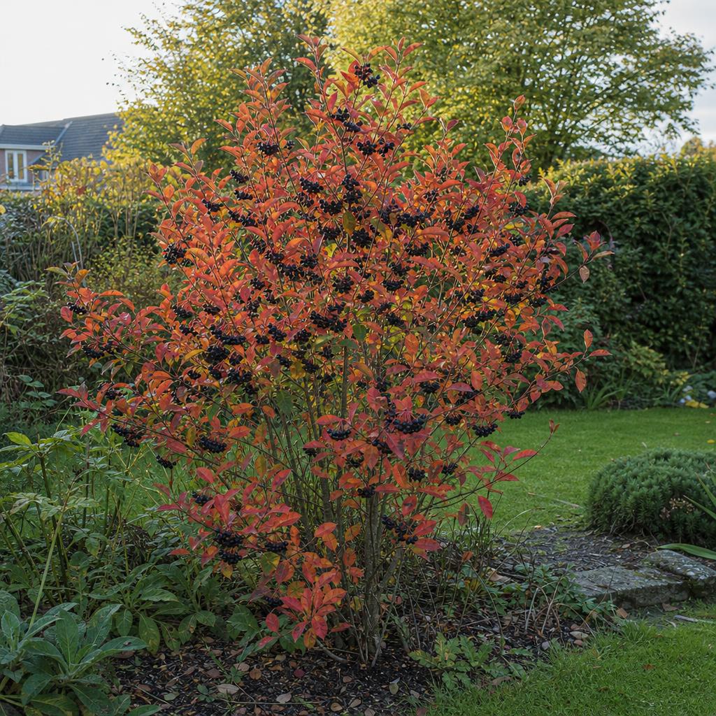 Aronia aux baies noires devant un feuillage d'automne