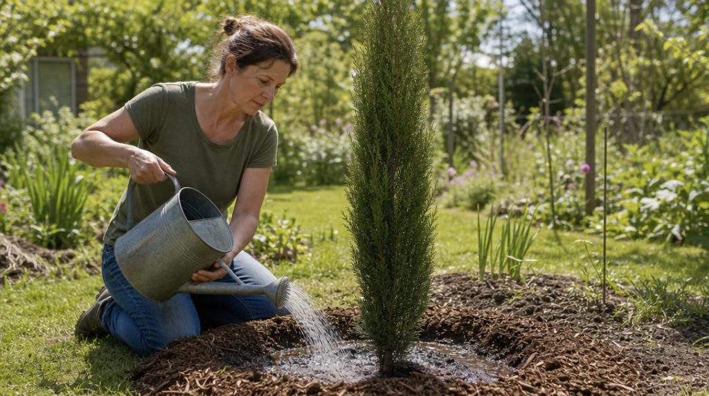 Jardinier arrosant un jeune cyprès sur sol paillé