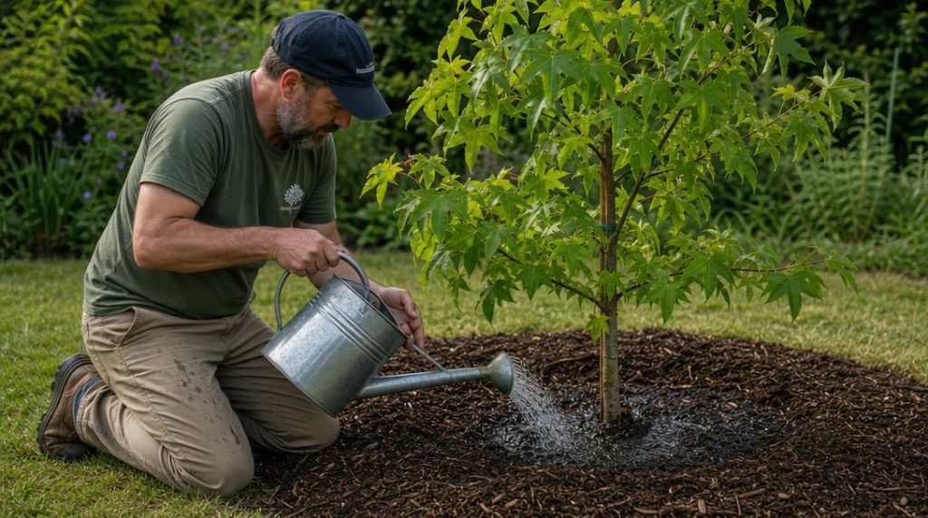 Arrosage d'un jeune arbre avec paillage au pied