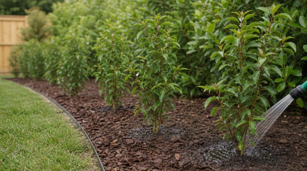 Jeune haie paillée et arrosée après plantation