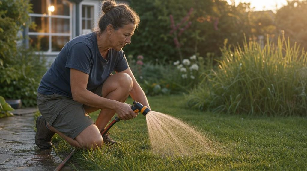 Jardinier arrosant une pelouse au petit matin