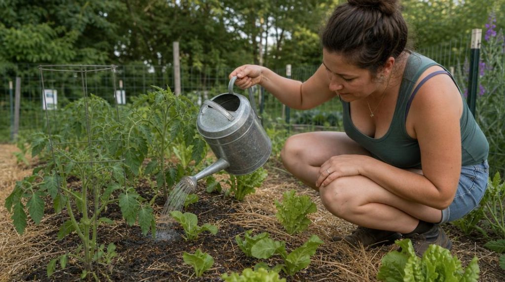 Arrosage au pied de tomates et laitues paillées