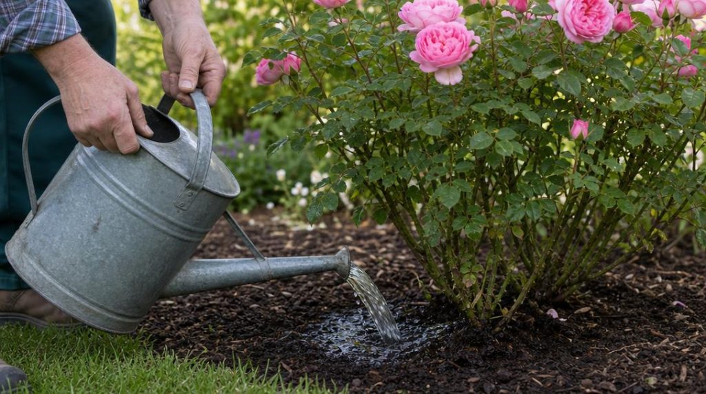 Arrosage au pied d'un rosier avec feuillage sec