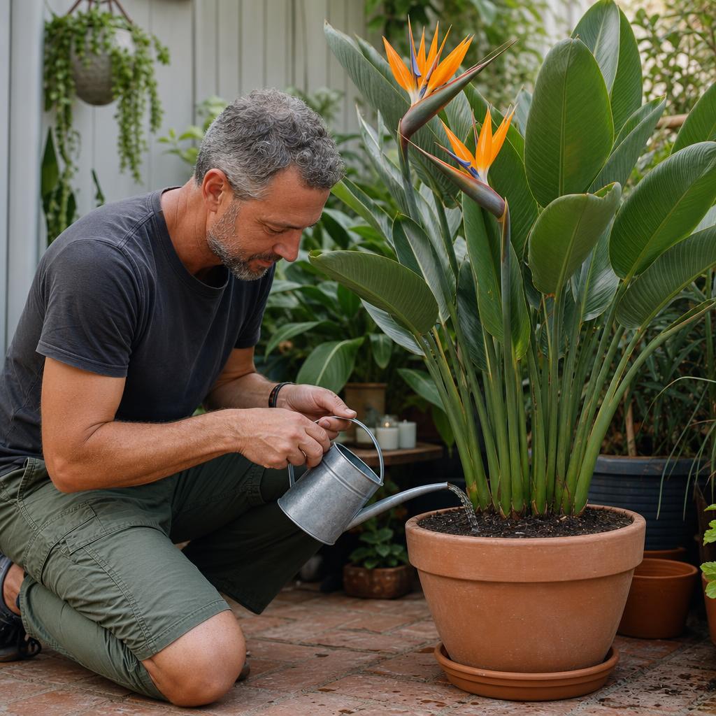 Arrosage lent d'un Strelitzia en pot