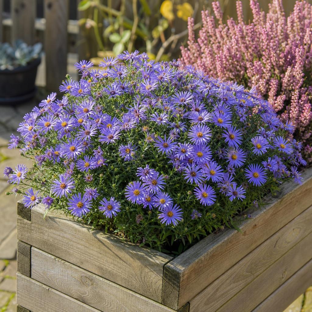 Aster nain bleu en fleurs dans une jardinière