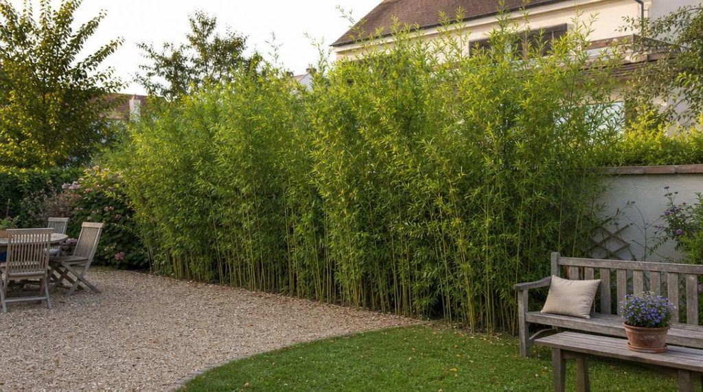 Haie dense de Fargesia dans un jardin familial