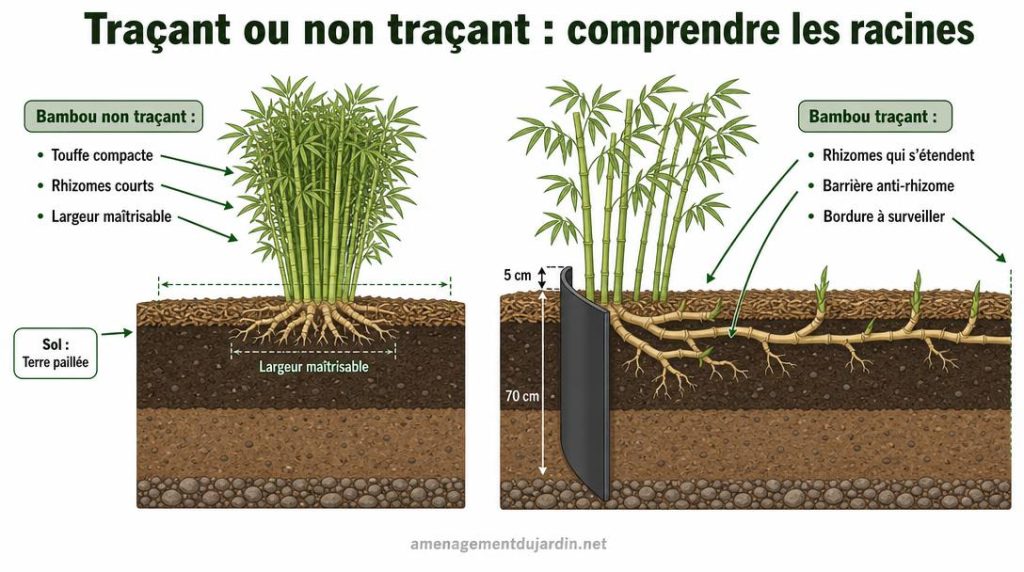 Schéma comparatif des rhizomes de bambous traçants et non traçants