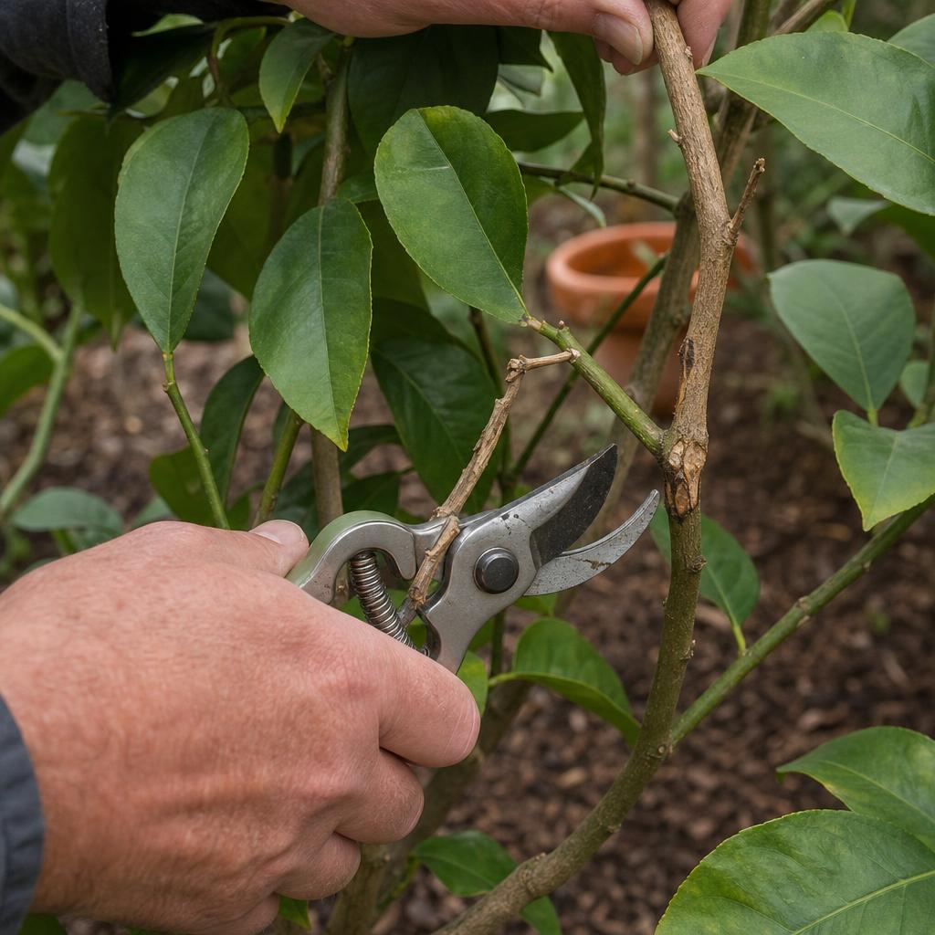 Rameau sec retiré sur un citronnier en pot
