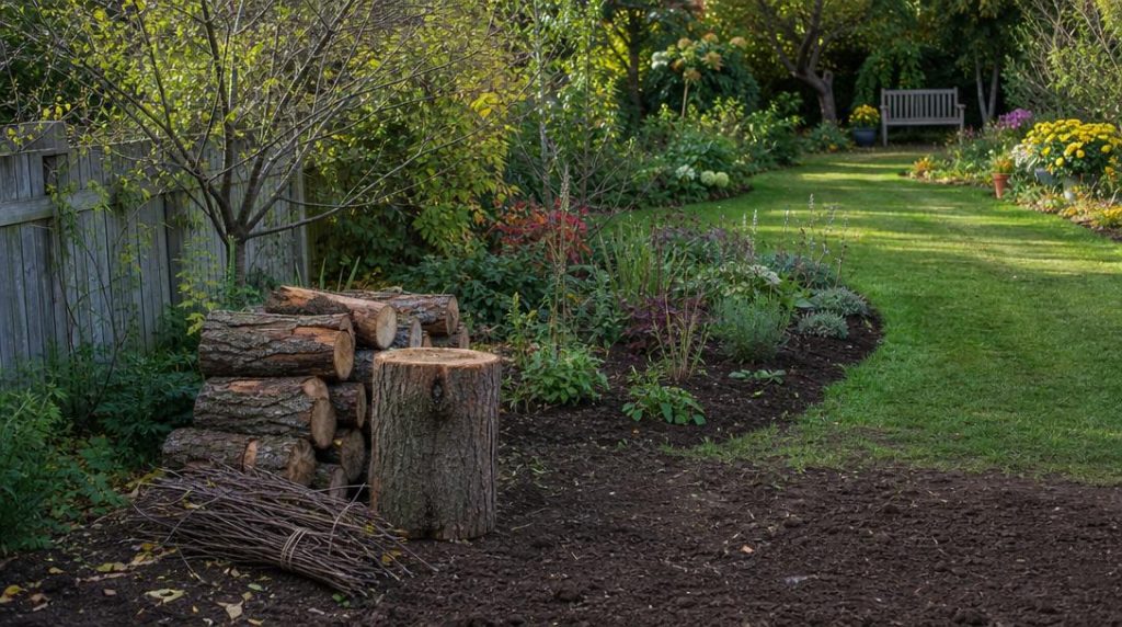 Tronc débité et souche dans un jardin rangé
