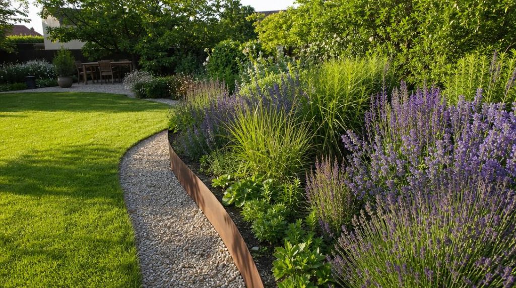Bordure acier Corten courbe entre pelouse et massif fleuri