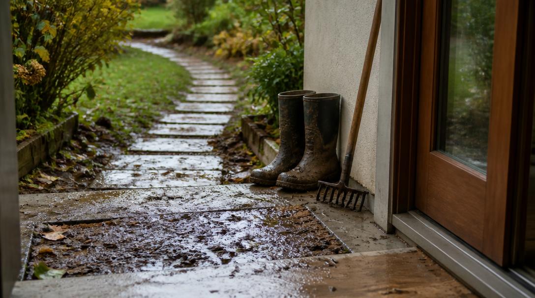 Bottes boueuses et râteau près d'une porte, allée mouillée