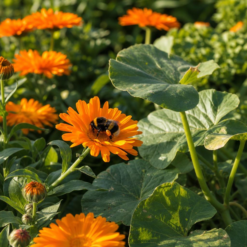 Bourdon sur fleur de souci près de jeunes courgettes