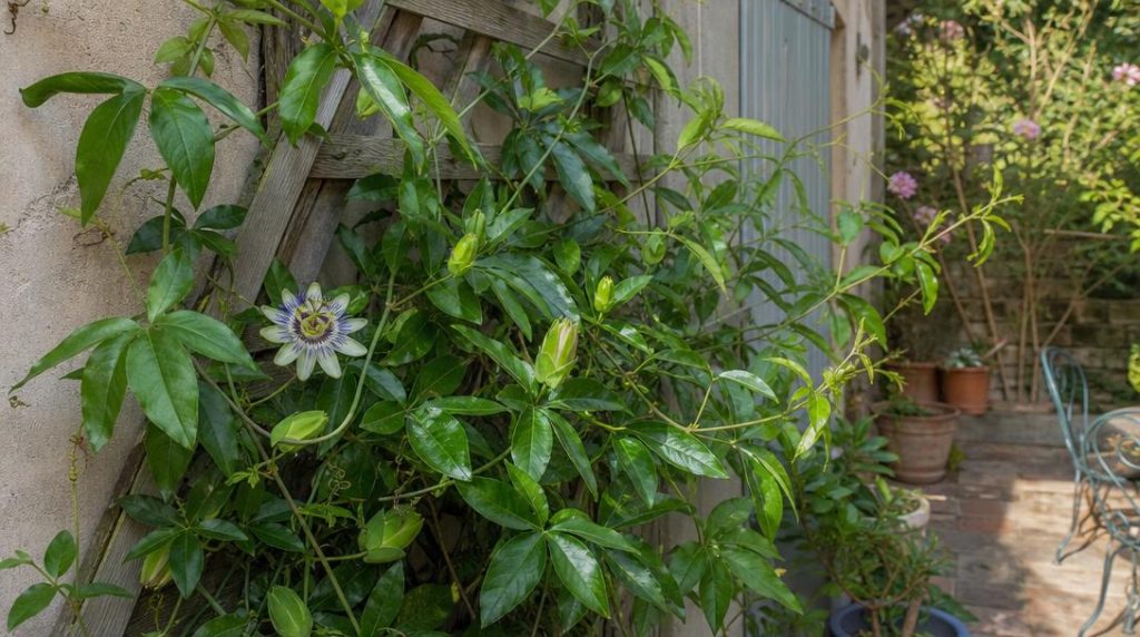 Passiflore bleue vigoureuse sur treillis au jardin