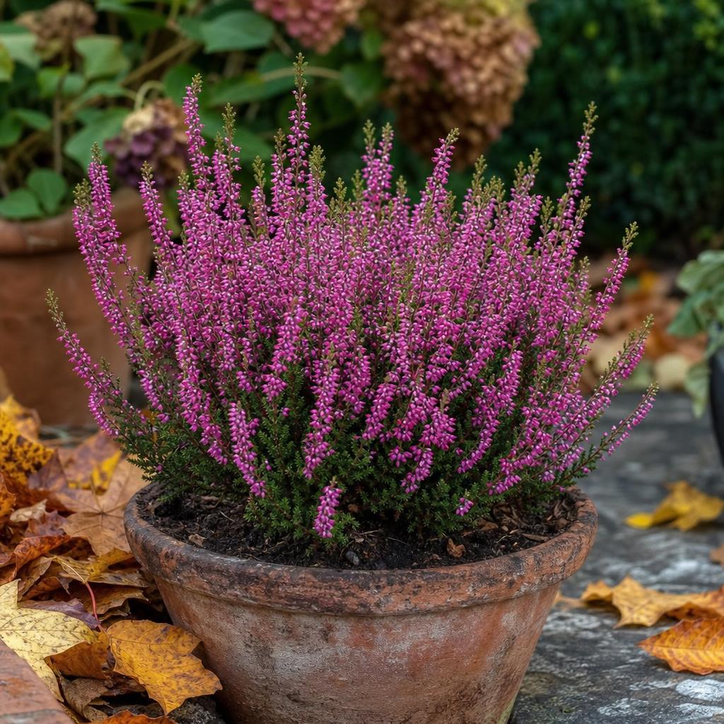 Bruyère callune rose fleurie dans un pot de terrasse