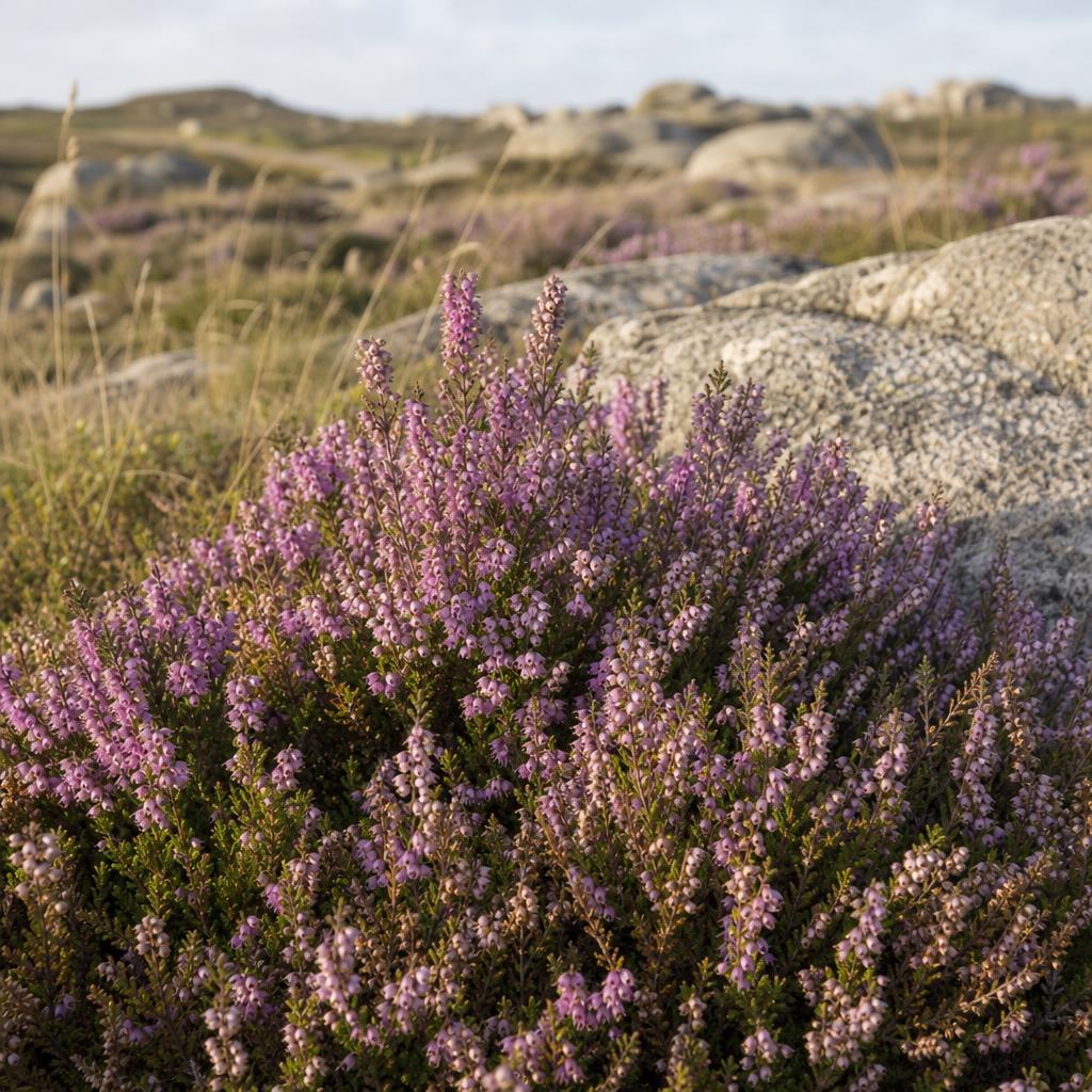 Bruyère violette fleurissant entre herbes et rochers granitiques