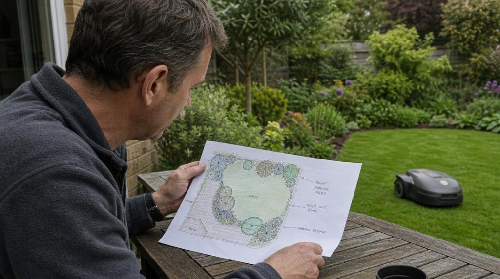 Jardinier dessinant les zones de tonte dans son jardin