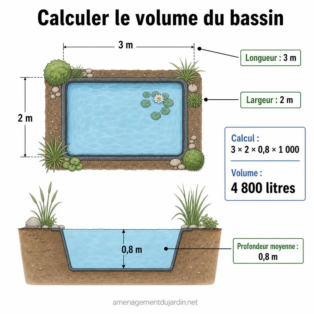 Schéma de calcul du volume d’un bassin rectangulaire
