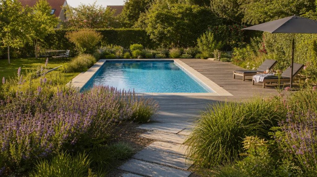 Jardin paysager avec piscine enterrée et terrasse en bois