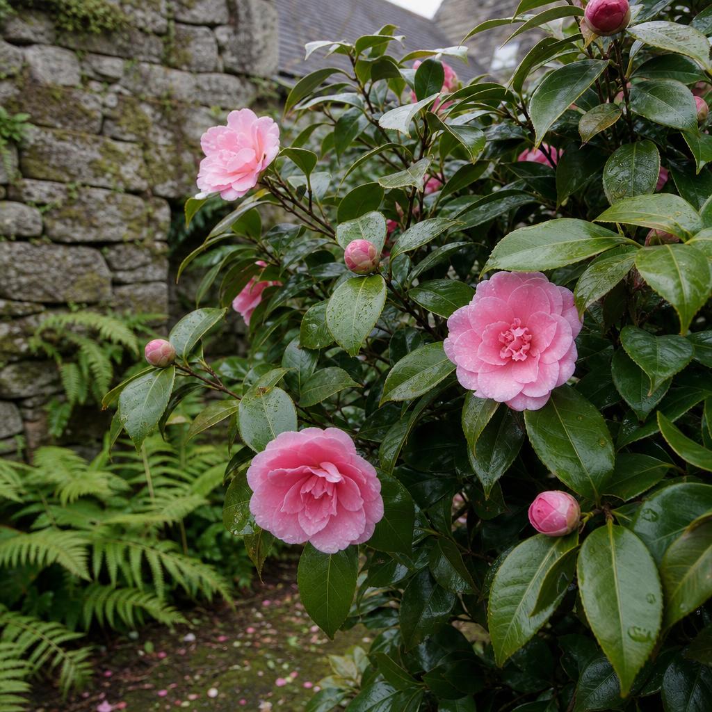 Camélia rose à fleurs doubles près d’un mur moussu