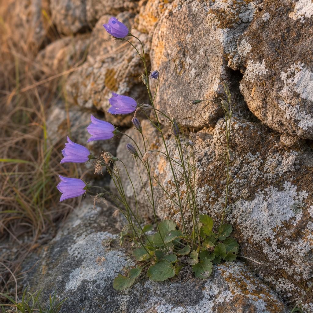 Campanules bleues poussant dans un mur de granit