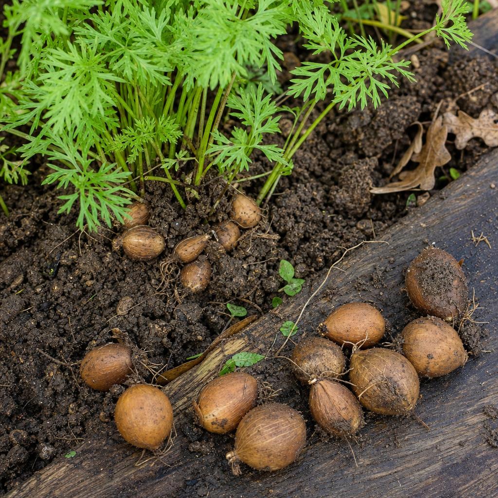 Petits tubercules bruns de cerfeuil tubéreux récoltés