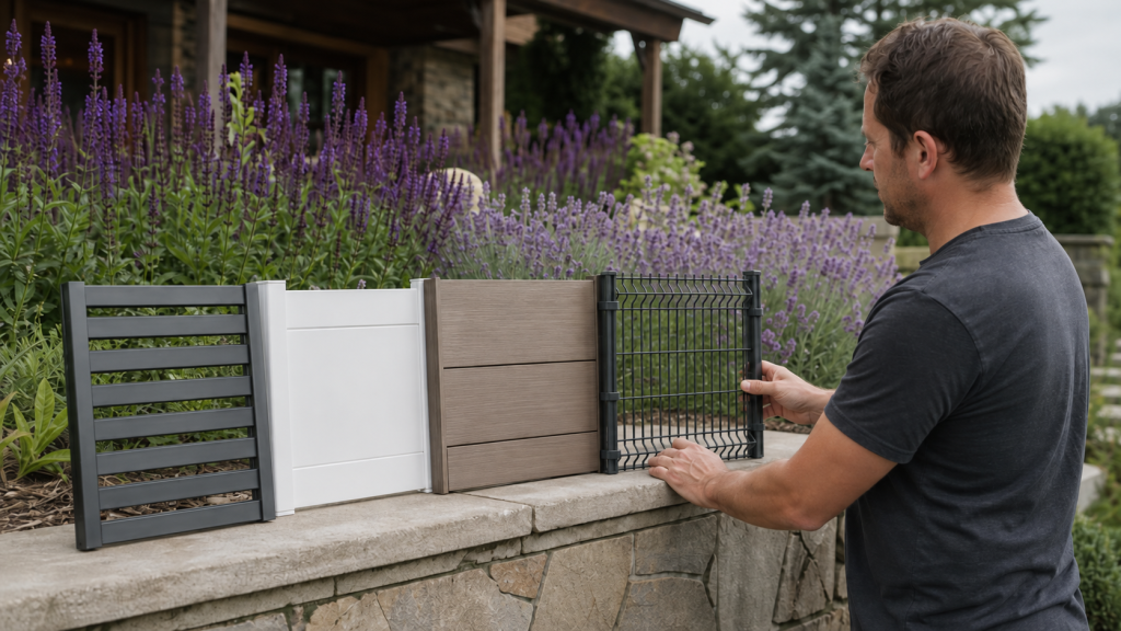 Particulier comparant des matériaux de clôture dans son jardin