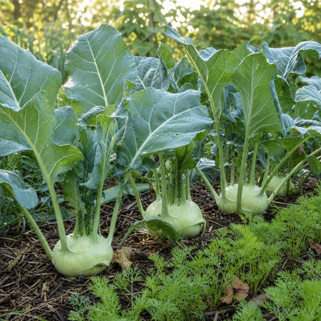 Chou-rave vert avec longues feuilles au potager