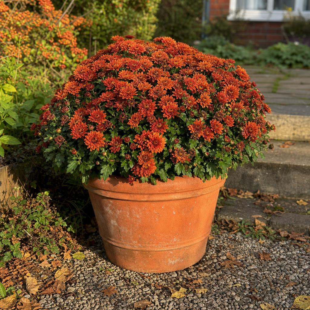 Chrysanthème orange compact fleuri dans un pot
