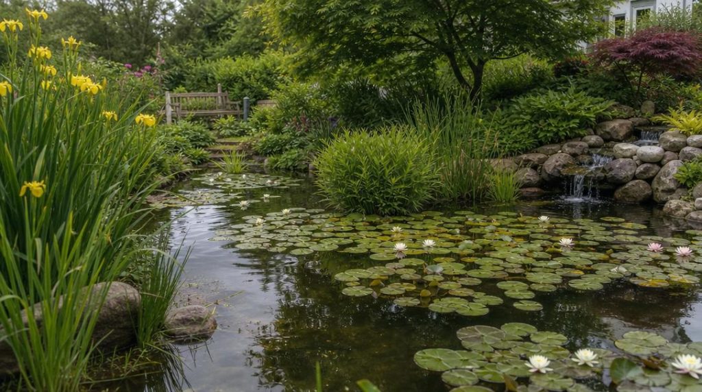 Bassin d’ornement planté avec léger mouvement de surface