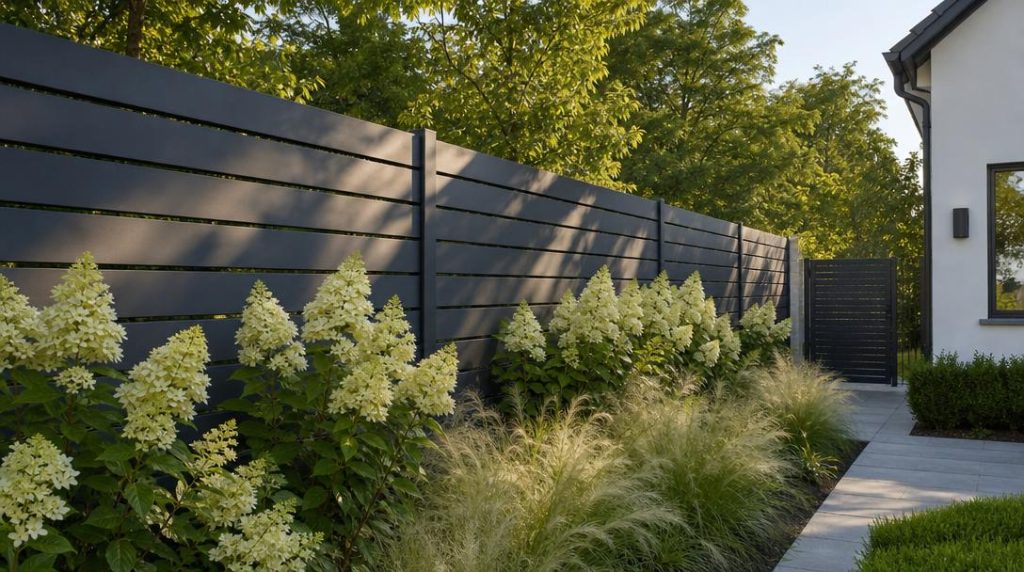 Clôture aluminium anthracite assortie au portail de maison
