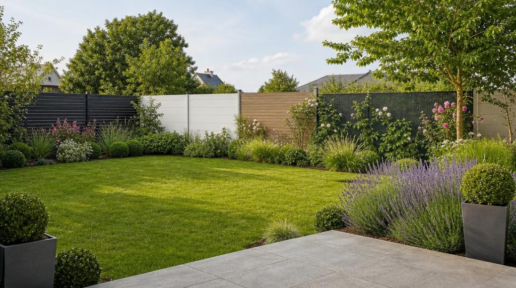 Jardin avec clôtures aluminium PVC composite et panneaux rigides