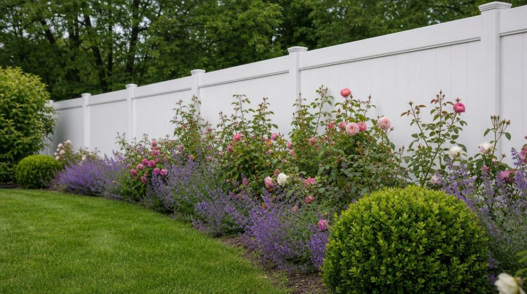 Panneaux PVC blancs bordant un jardin fleuri