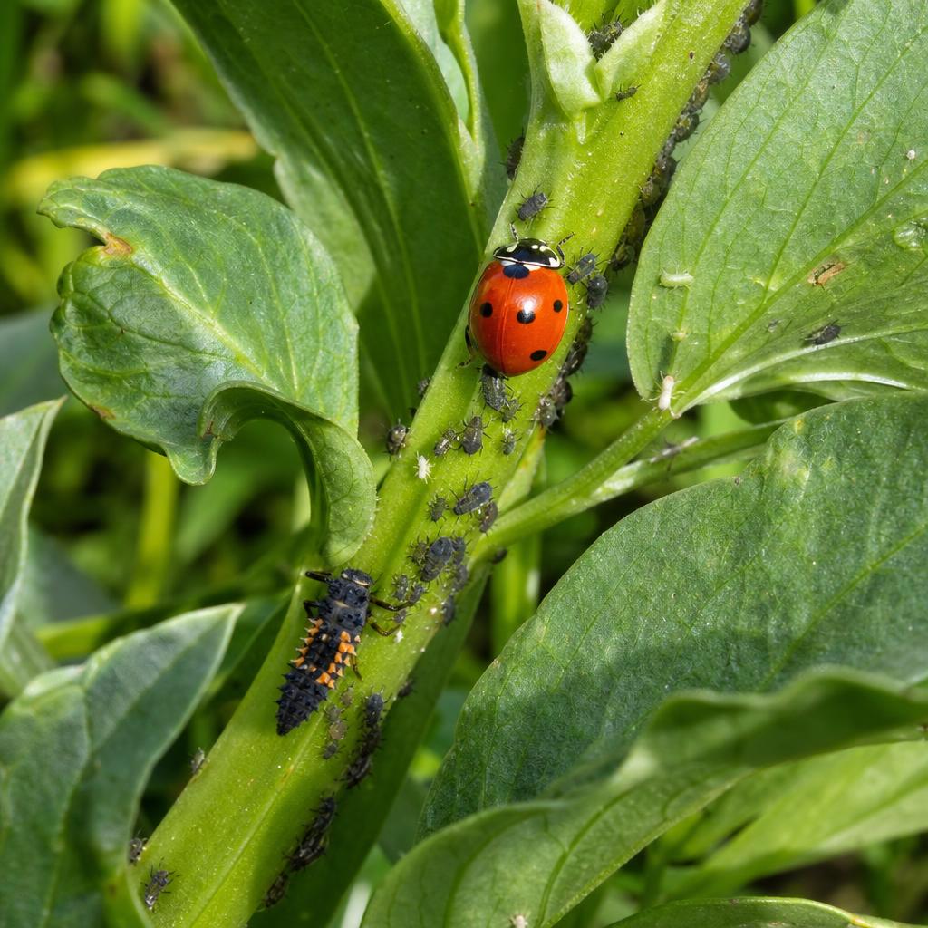 Coccinelle et larve près d’une colonie de pucerons