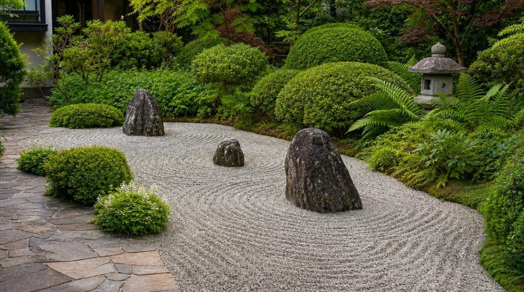 Roches décalées et gravier dans un jardin zen équilibré
