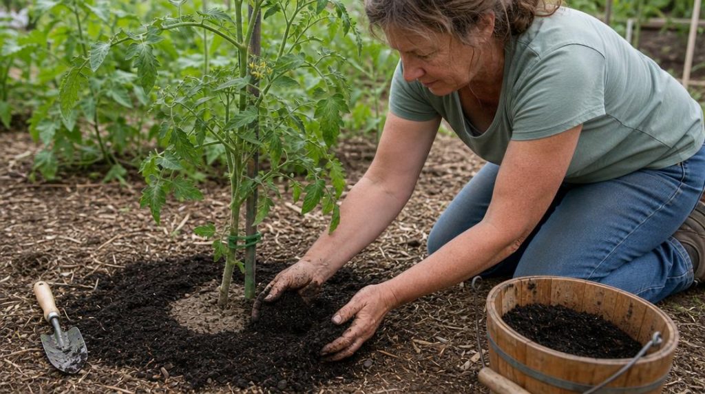 Jardinier ajoutant du compost au pied d’une tomate