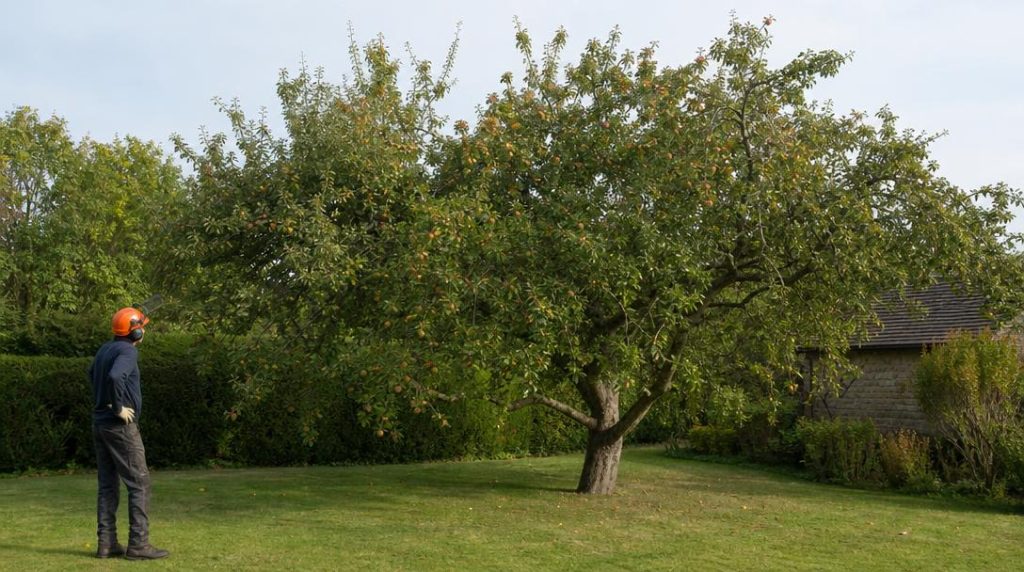Jardinier équipé observant un pommier avant abattage