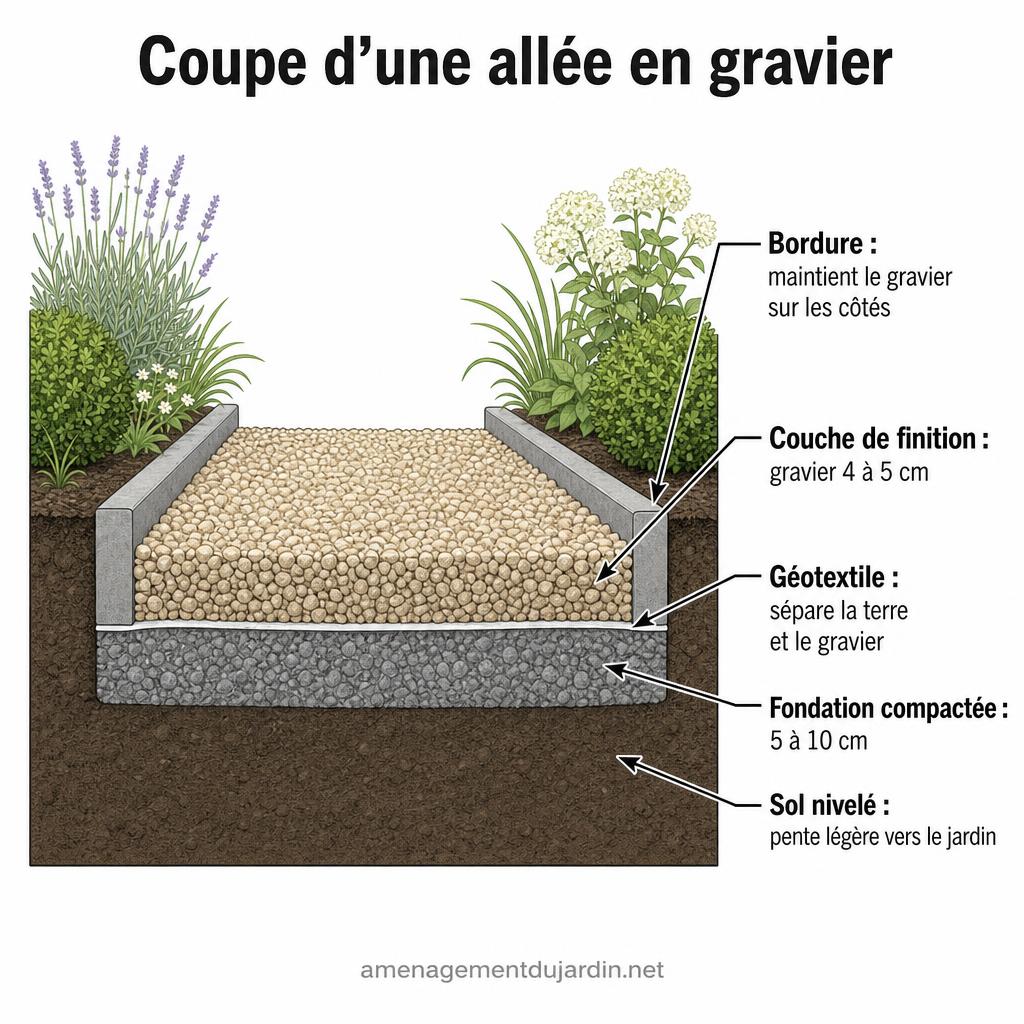 Coupe des couches d’une allée en gravier