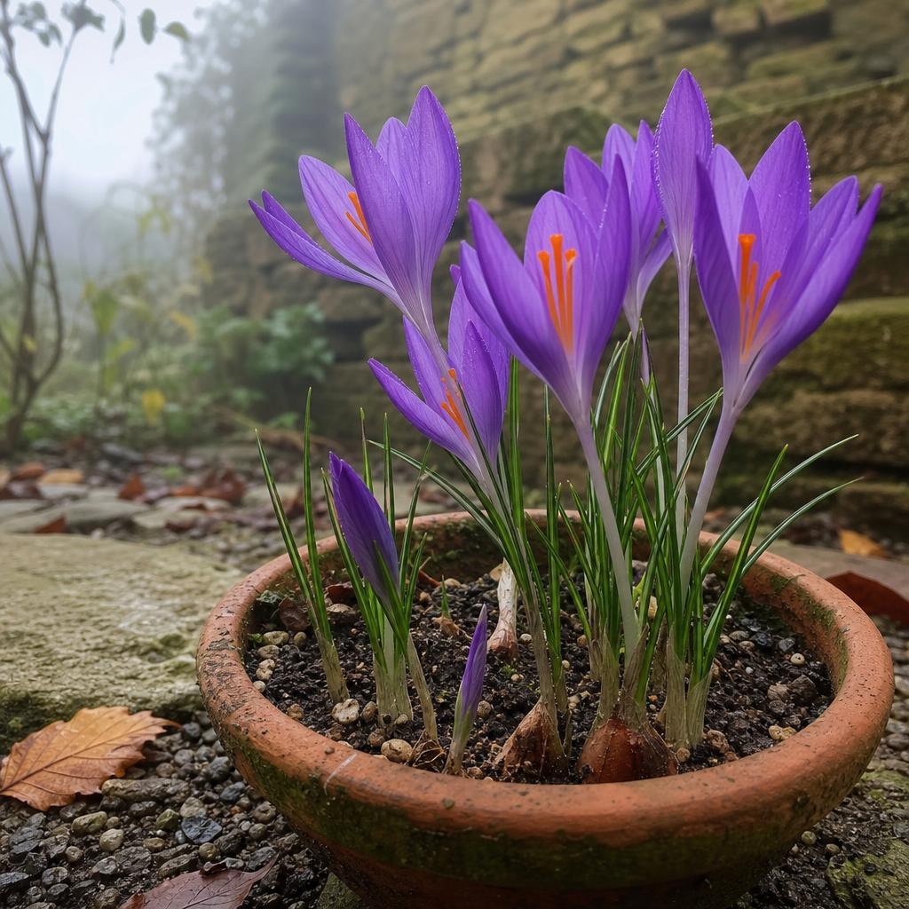Crocus violet d'automne dans un petit pot