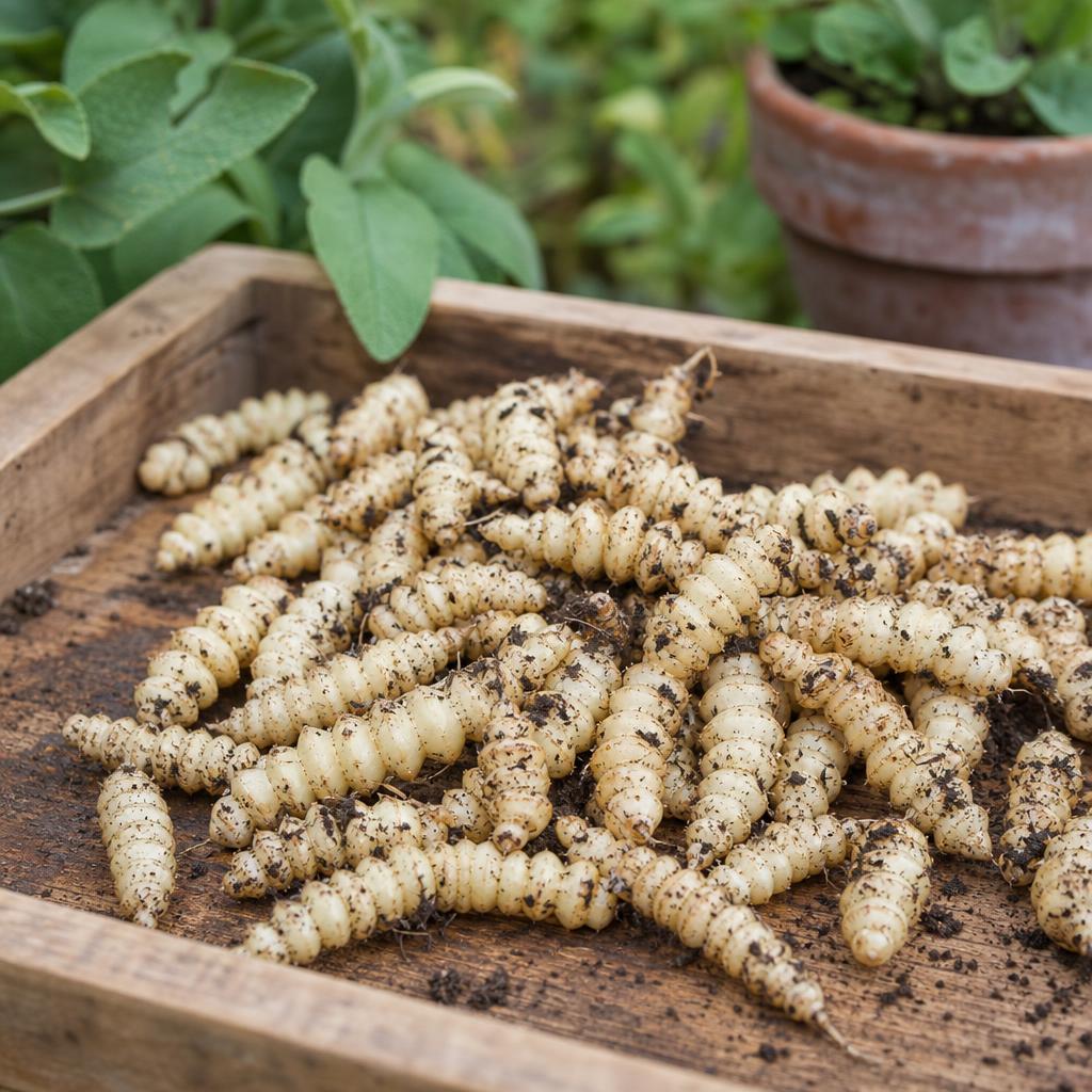Crosnes ivoire torsadés posés sur un plateau en bois