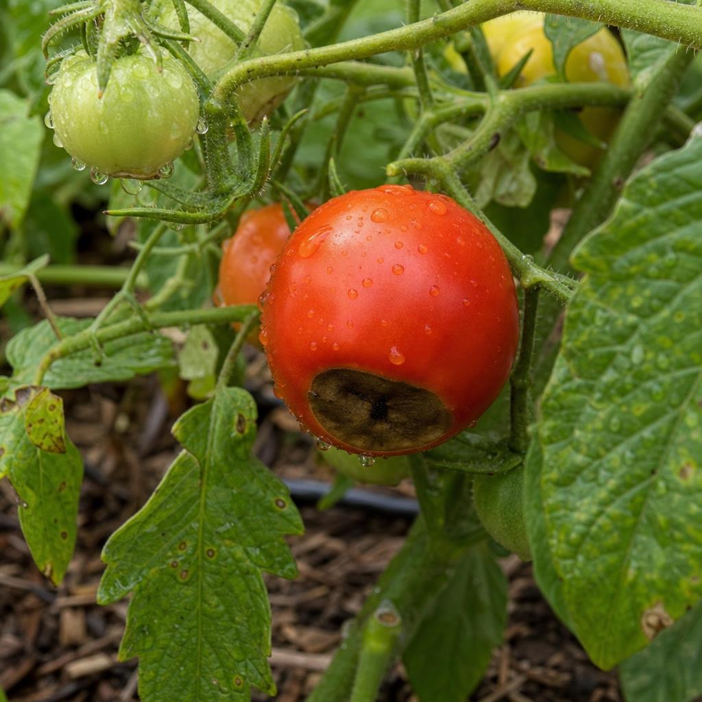 Tomate avec cul noir sur plant paillé