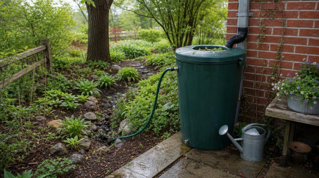 Cuve d’eau de pluie reliée à une gouttière