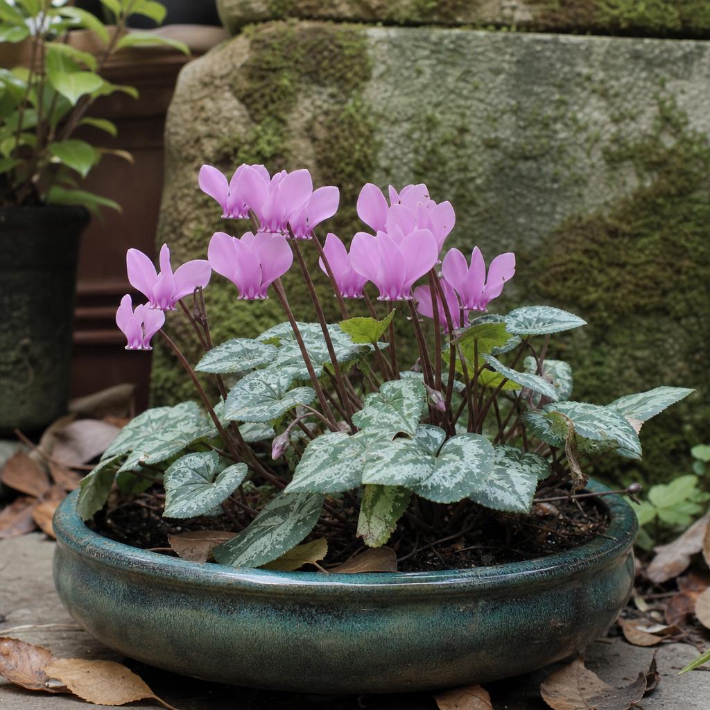 Cyclamen rose extérieur dans une jardinière à mi-ombre
