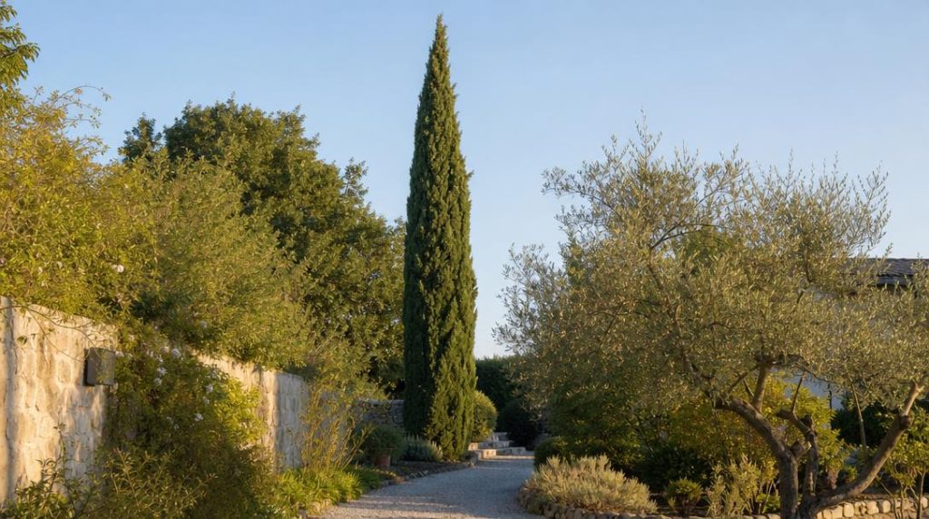 Cyprès de Provence élancé dans un jardin méditerranéen